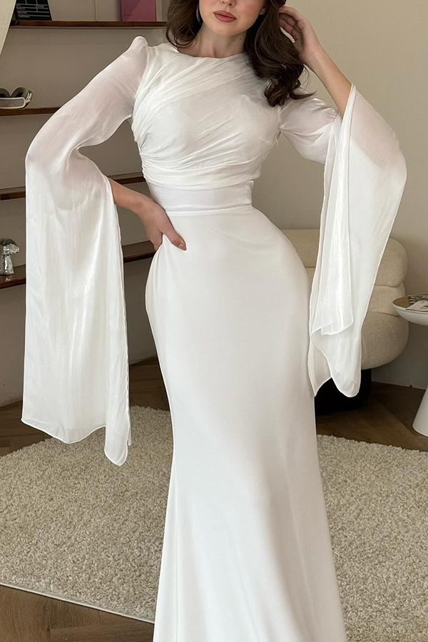 Liora Ruched Organza and Satin Patchwork Design Long Bell Slit Sleeve Maxi Dress-consonak