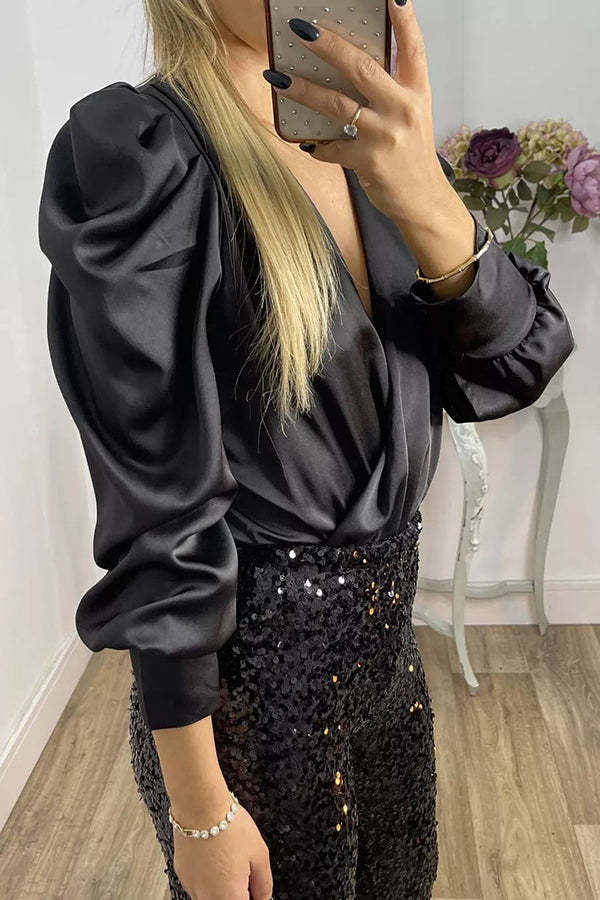 Perfectly Adored Satin Crossover Neckline Puff Sleeve Blouse-consonak