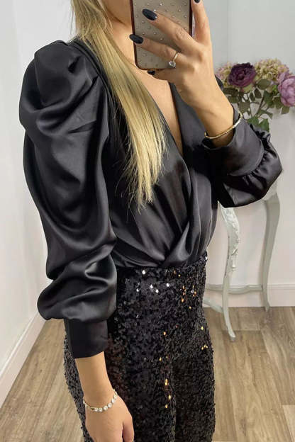 Perfectly Adored Satin Crossover Neckline Puff Sleeve Blouse-consonak