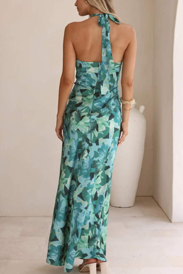 Floral Print Sleeveless Halter Neck Tie Holiday Maxi Dress-consonak