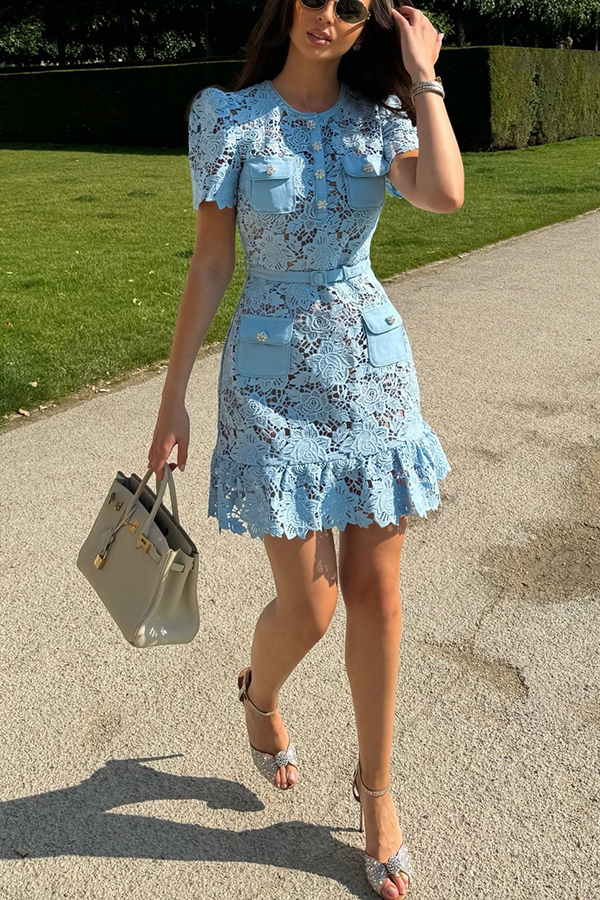 Luxury Beauty Embroidered Floral Lace Jewel Buttons Pocket Belted Mini Dress-consonak