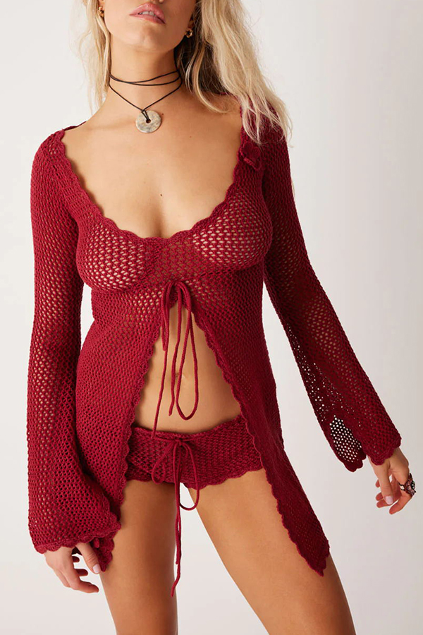 Elegant Knitted Cutout V Neck Lace Up Long Sleeves Cover Ups-consonak