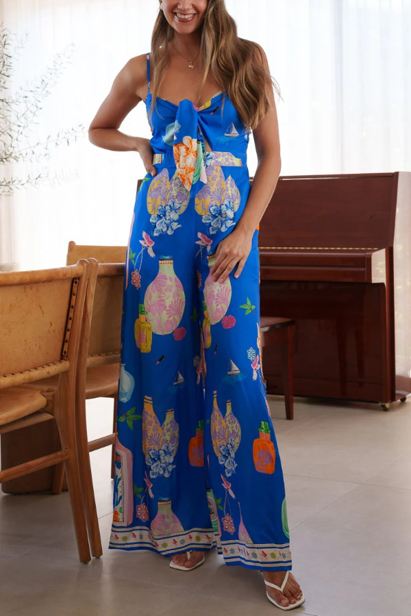 Unique Printed Sleeveless Spaghetti Strap Casual Vacation Loose Wide-Leg Jumpsuit