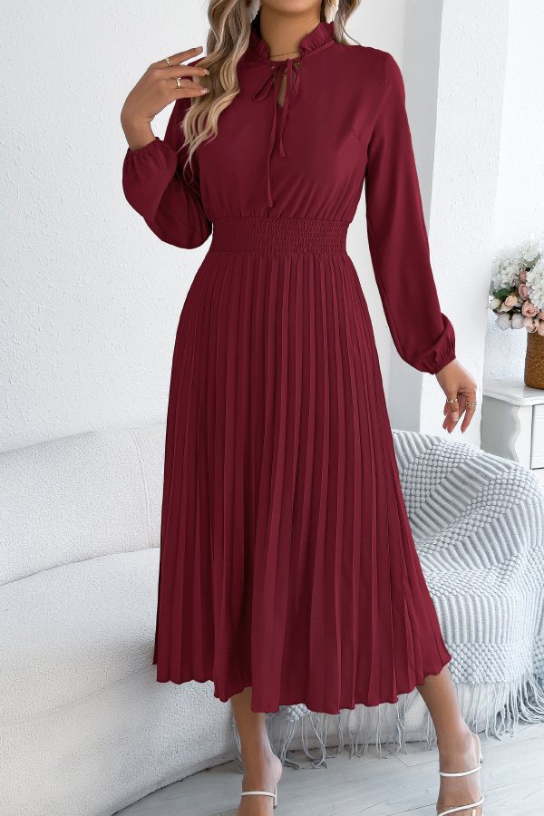 Solid Color Long-sleeved Fitted Waist Pleated Elegant Midi Dress-consonak