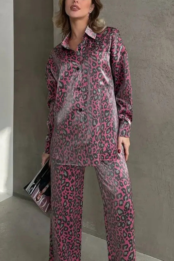Leopard Print Long-sleeved Casual Top and Loose Elastic Waist Tie Pants Set-consonak