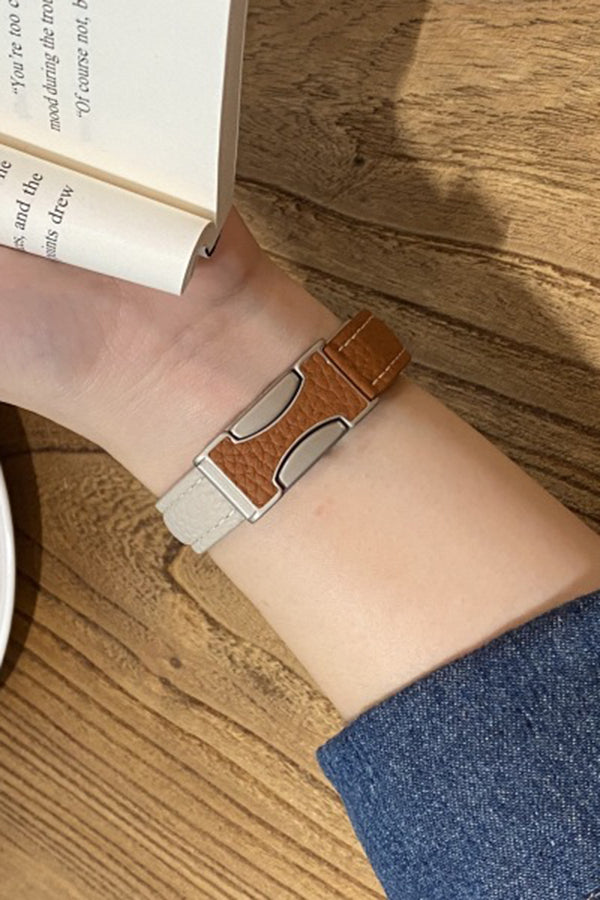 Fashionable Genuine Leather Lychee Pattern Double C Magnetic Buckle Watch Strap-consonak