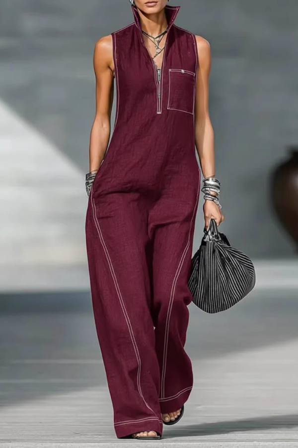 Solid Color Sleeveless Stand Collar Casual Pocket Loose Wide-leg Jumpsuit