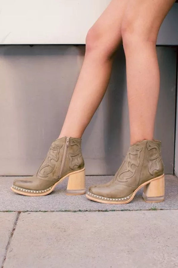 Stylish Embroidered Rivet Welt Acrylic Crystal High Heel Boots | Consonak