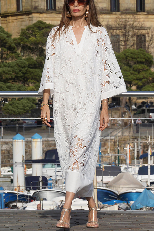 Confidence and Adventure Flower Lace V-neck Bell Sleeve Loose Midi Dress-consonak