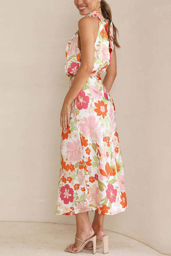 Fascinating Day Floral Halter Neck Elastic Waist Maxi Dress-consonak