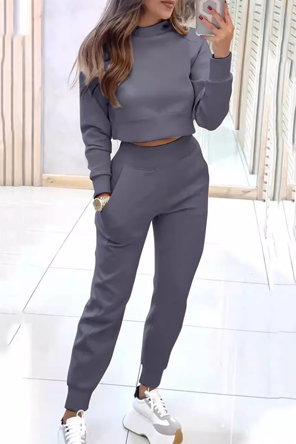 Solid Color Loose Long Sleeve Crop Top and Elastic Waist Pocket Casual Pants Set-consonak