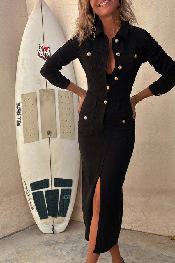 Tessy Denim Metal Button Zipper Shirt Stretch Pencil Slit Midi Dress-consonak