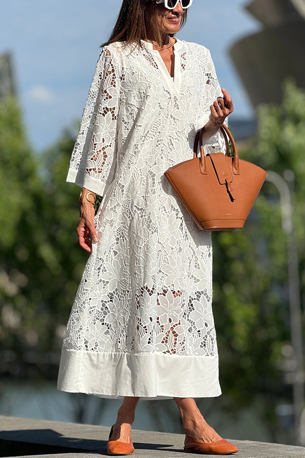 Confidence and Adventure Flower Lace V-neck Bell Sleeve Loose Midi Dress-consonak