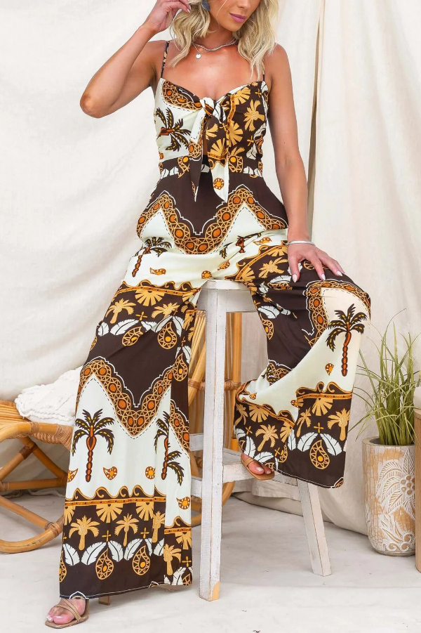 Unique Print Casual Spaghetti Strap High Waist Resort Loose Wide Leg Jumpsuit | Consonak