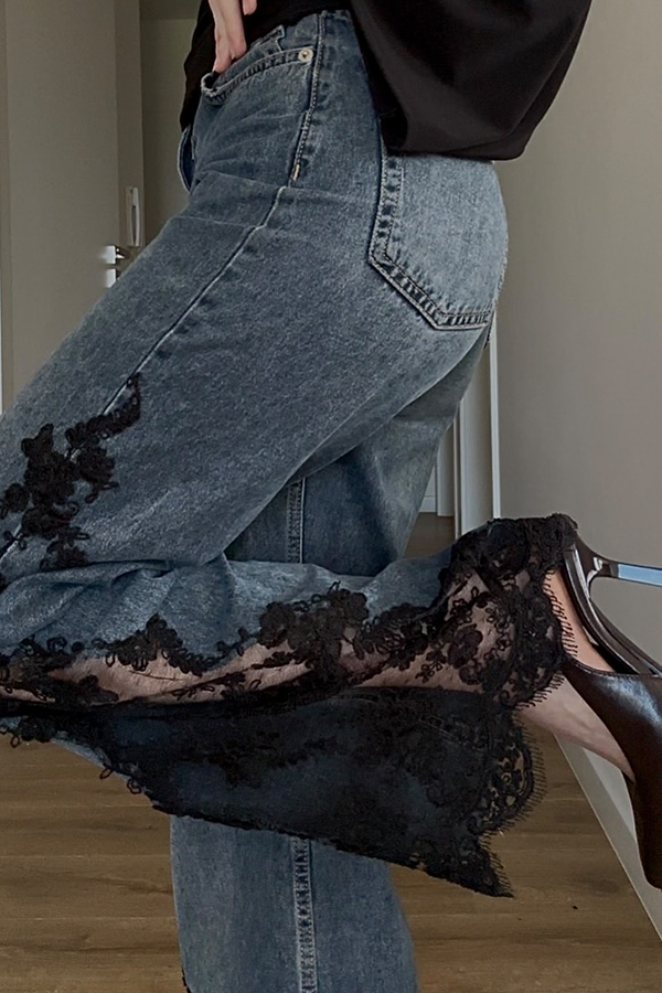 Stylish Denim Mid Rise Side Lace Patchwork Pocket Straight Leg Loose Jeans
