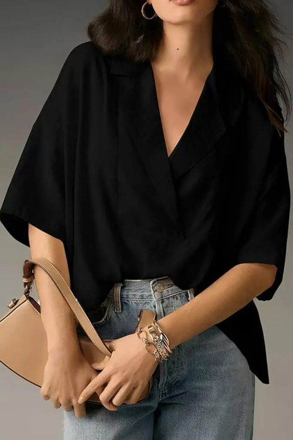 Solid Color Loose Lapel Short-sleeved Casual Shirt-consonak