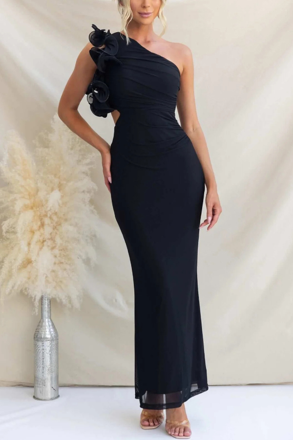 Fashionable Mesh Sleeveless One-shoulder Waist-revealing Maxi Dress | Consonak