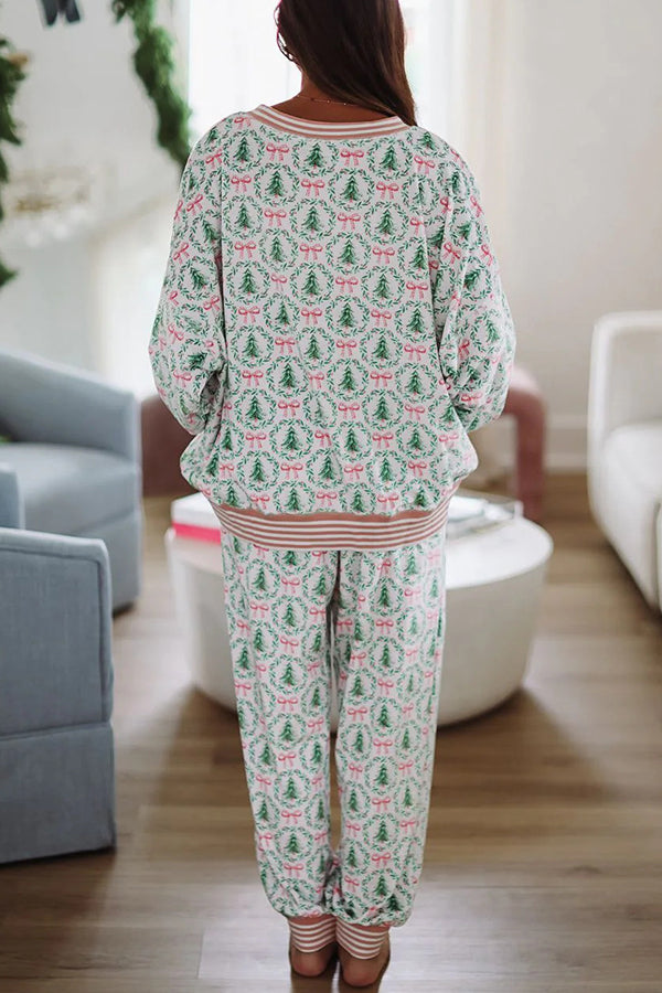 Christmas Print Loose Long-sleeved Top and Elastic Waist Casual Pants Set-consonak
