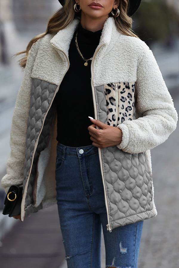 Casual Patchwork Plush Long Sleeve Leopard Print Pocket Loose Zipper Jacket-consonak