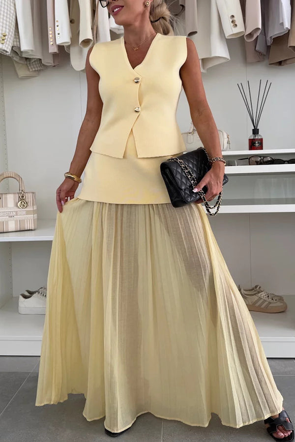 Stylish and Elegant Knit Spliced Tulle Elastic Waist Pleated Maxi Skirt | Consonak
