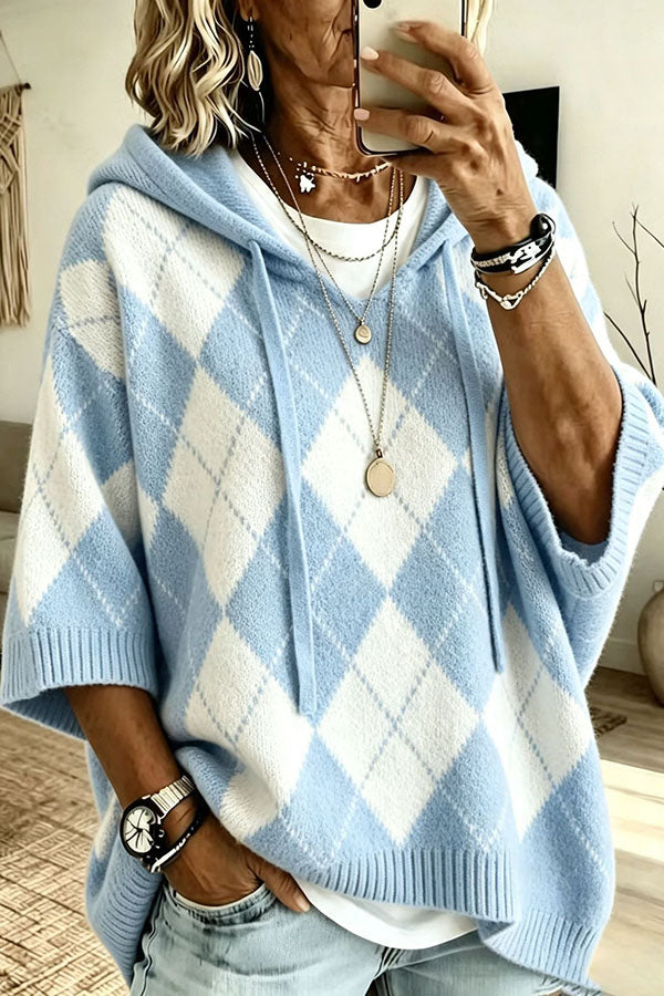 Comfortable and Casual Knit Color-blocked Plaid Print Half Sleeve Hoodie Sweater-Consonak