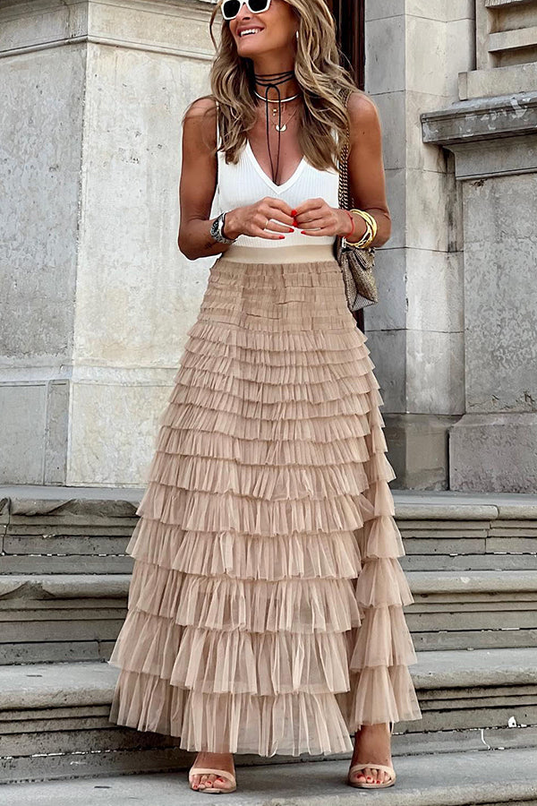 Be Your Own City Queen Tiered Elastic Waist Tulle Maxi Skirt | Consonak