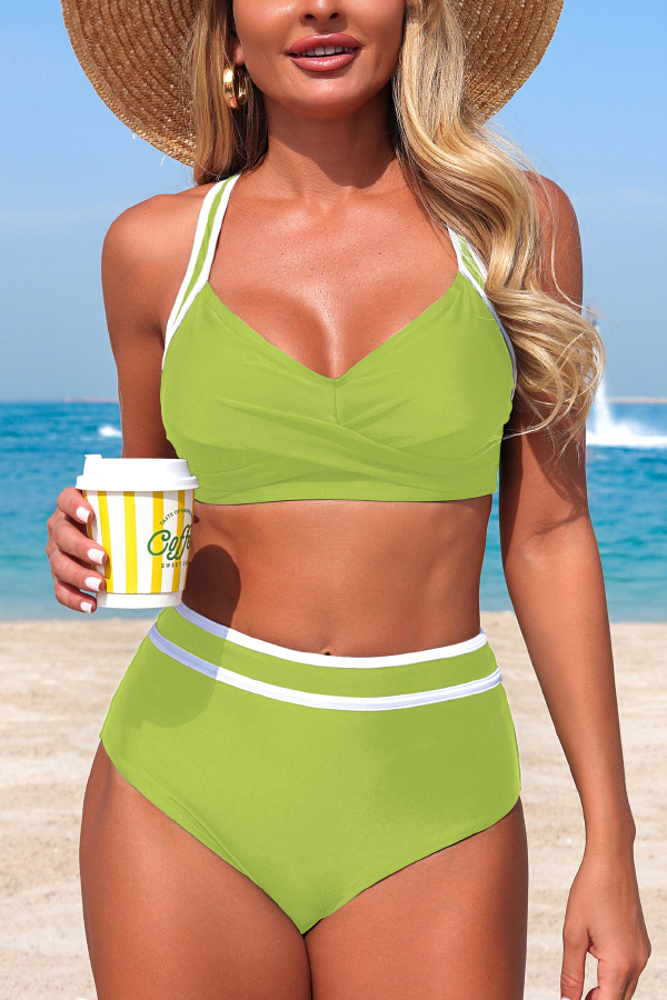 Stylish Color-blocked Striped High-waisted Two-piece Stretch Bikini Swimsuit-consonak