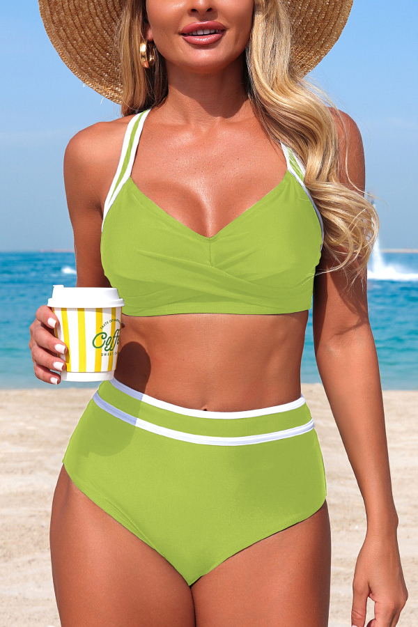 Stylish Color-blocked Striped High-waisted Two-piece Stretch Bikini Swimsuit-consonak