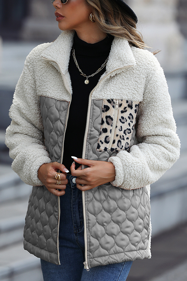 Casual Patchwork Plush Long Sleeve Leopard Print Pocket Loose Zipper Jacket-consonak