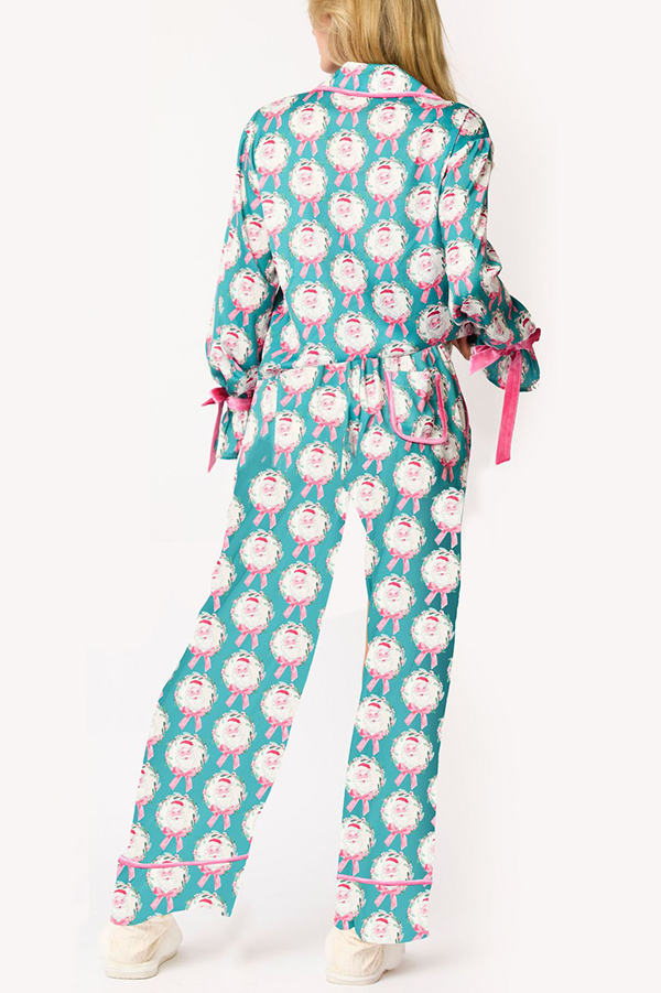 Christmas Printed Velvet Lace-up Long-sleeve Pocket Top and Elastic Waist Wide-leg Pants Set-consonak
