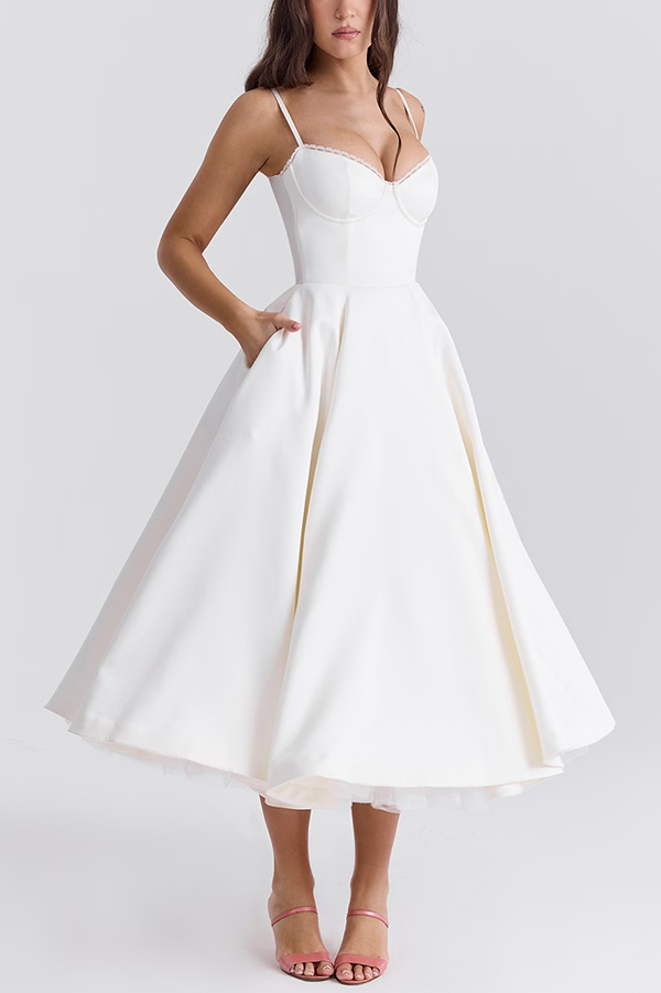 Fairytale Vibe Satin Patchwork Tulle Sweetheart Neck Pocket Stretch Midi Dress-consonak