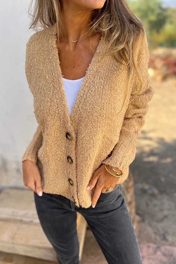 Solid Color V-neck Long-sleeved Fashionable Knitted Cardigan-consonak