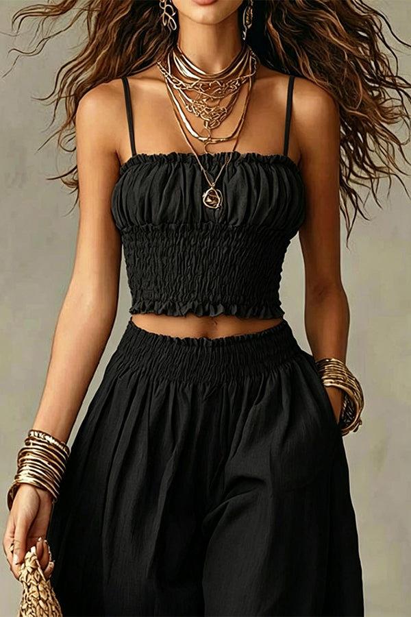 Olive Gypsy  pleated crop top and high-waisted wide-leg pants set-Consonak