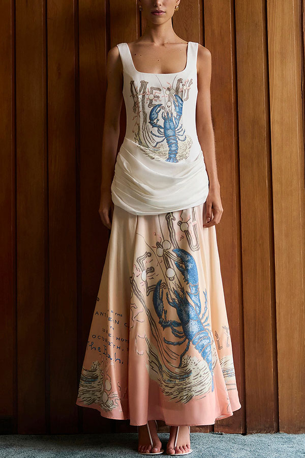 Jino Unique Lobster Print Square Neck Ruched Drape Hip Maxi Dress