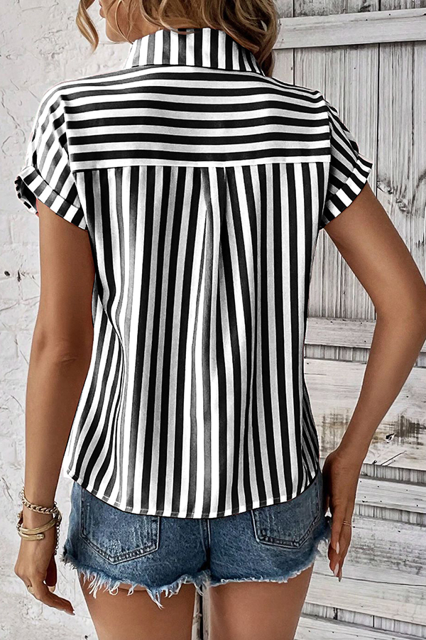 Striped Print Short Sleeve Pocket Shirt Top-consonak
