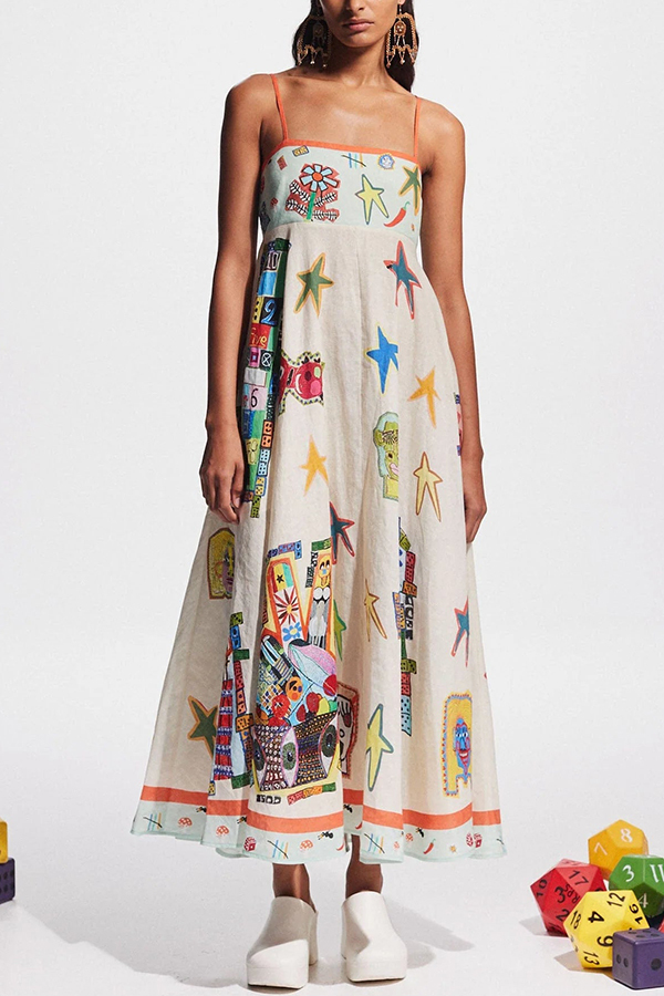 Miami Happy Hour Linen Blend Unique Print Smocked Back Pocketed Midi Dress-consonak