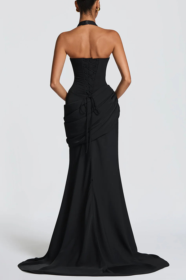 Nehemia Halter V-neck Back Lace-up Asymmetric Pleated Panel Drapes Maxi Dress-consonak