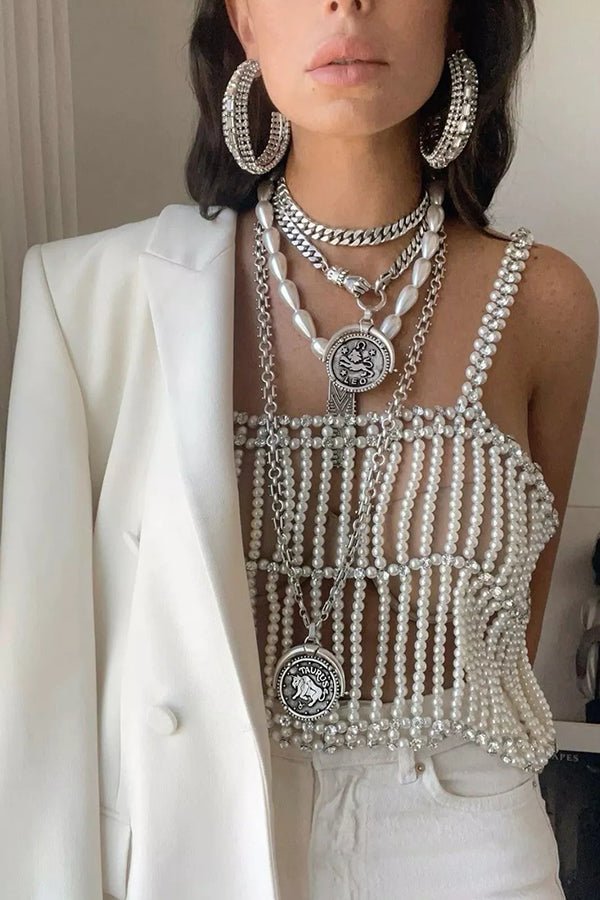 Fashionable Pearl Beaded Rhinestone Multi-layered Chest Necklace-consonak