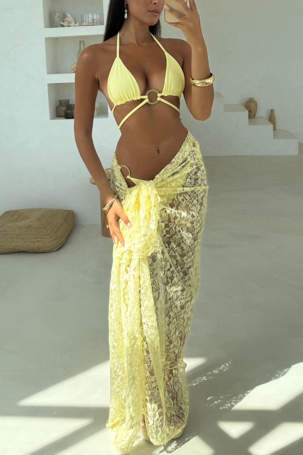 Solid Color Halter Neck Tie Stretch Two-piece Bikini Swimsuit and Sheer Lace Holiday Maxi Skirt Set
