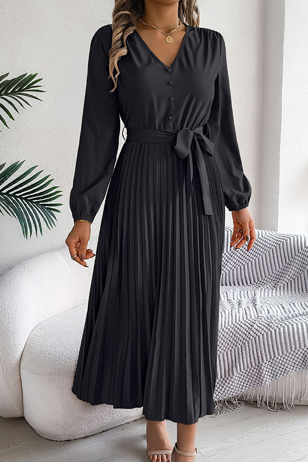 Solid Color Elegant V-neck Buttoned Lace-up Pleated Maxi Dress-consonak