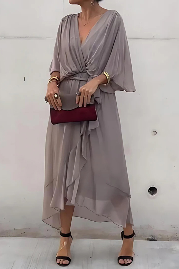 Solid Color V-neck Bat Sleeve Lace-up Irregular Hem Midi Dress-consonak