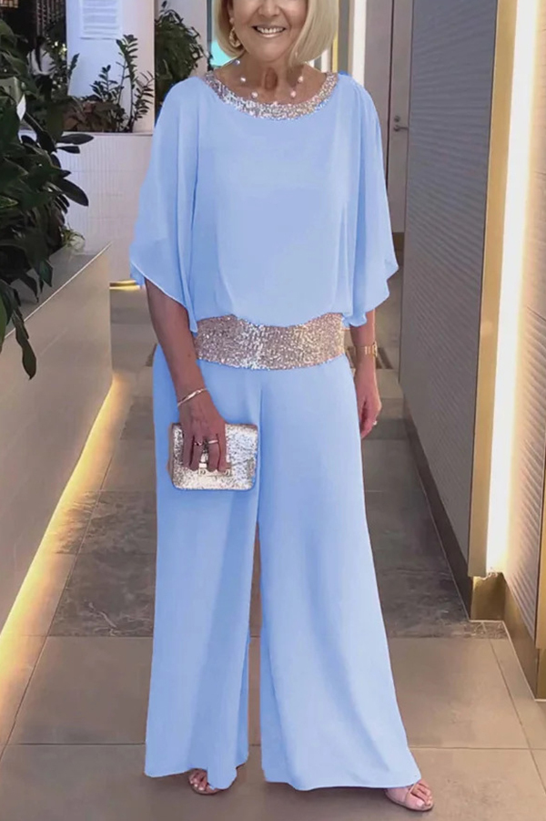 Stylish Sequin Patchwork Dolman Sleeve Top and Elastic Waist Wide Leg Pants Set-consonak