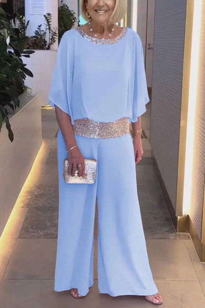 Stylish Sequin Patchwork Dolman Sleeve Top and Elastic Waist Wide Leg Pants Set-consonak