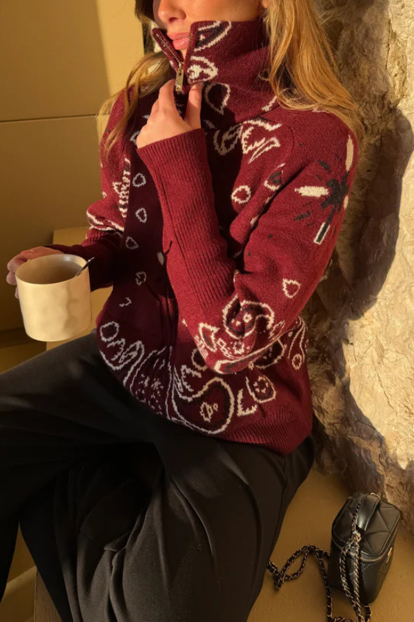 Fashionable Jacquard Turtleneck Long-sleeved Casual Zip-up Pocket Knit Top-consonak