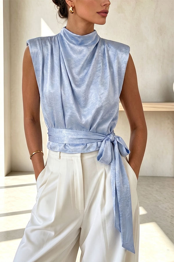L'Aura Padded-Shoulder Wrap-Around Satin Top-Consonak