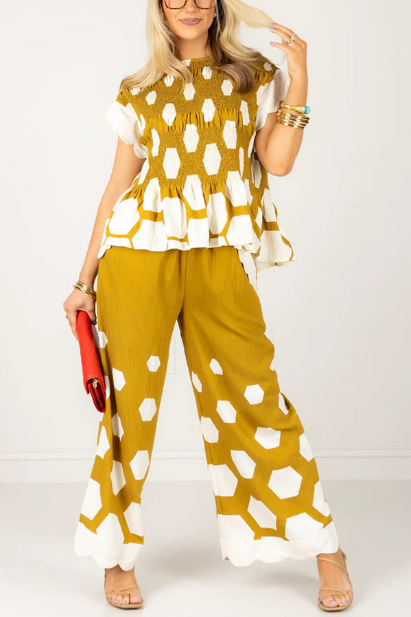 Tied To Charm Polka Dot Smocked Short Sleeve Top And Elastic Waist Pocket Loose Pants Set