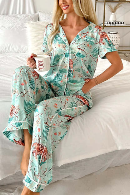 Sleeping Tiger Satin Elastic Waist Pocketed Pajama Pants Set-consonak