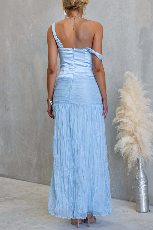 Zariyah Satin Bodice Asymmetric Neck Tie-up Waist Chiffon Hem Maxi Dress-consonak