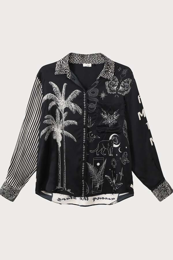 Black Magic Satin Unique Print Long Sleeve Blouse and Elastic Waist Pocket Wide Leg Pants Set-consonak