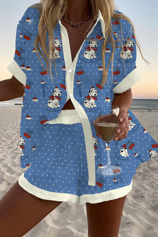 Puppy Dot Print Loose Button Elastic Waist Shorts Set